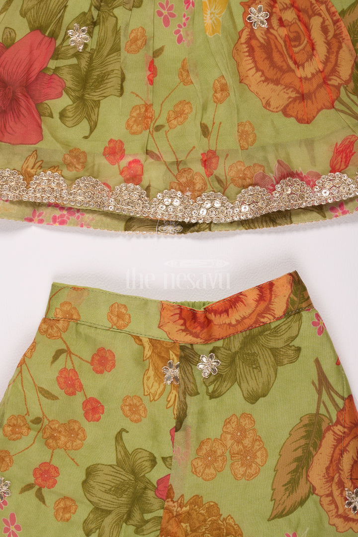 Girls Green and Red Floral Sharara Plazo Set with Delicate Gold Embroidery