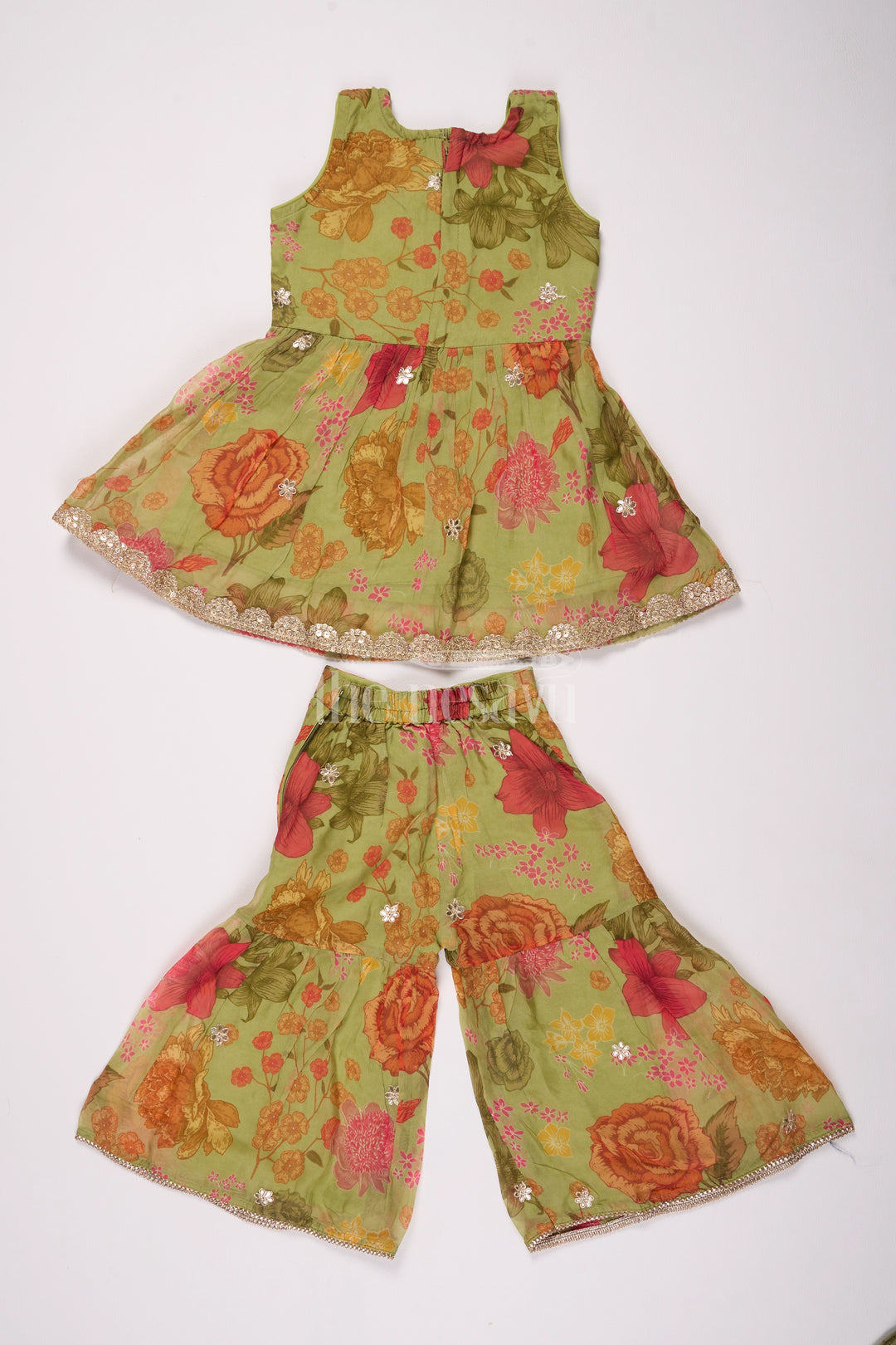 Girls Green and Red Floral Sharara Plazo Set with Delicate Gold Embroidery