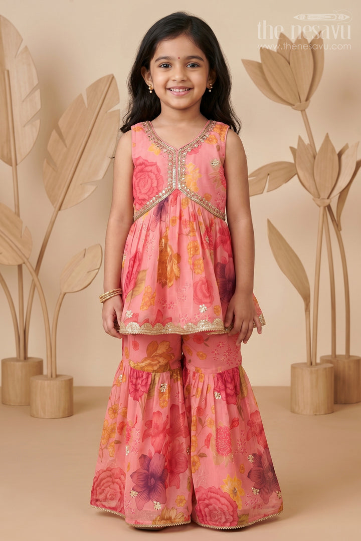 Exquisite Girls Bridal Sharara Dress in Red with Printed Organza and Delicate Floral Embellishments