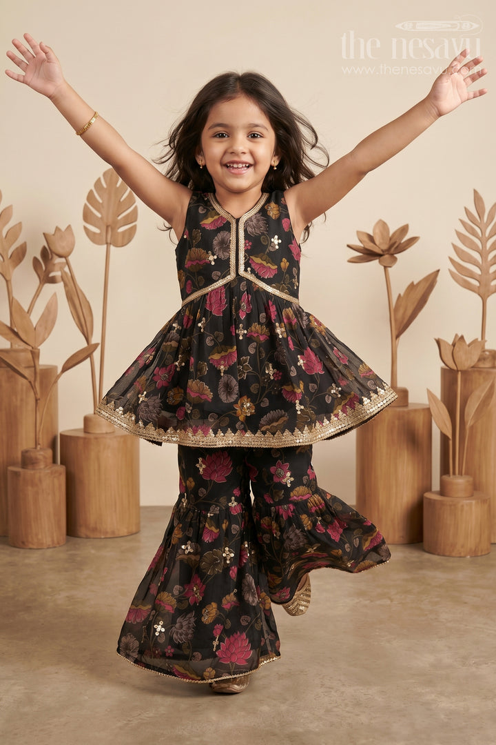 Girls Black Floral Sharara Plazo Set with Golden Lace Detailing