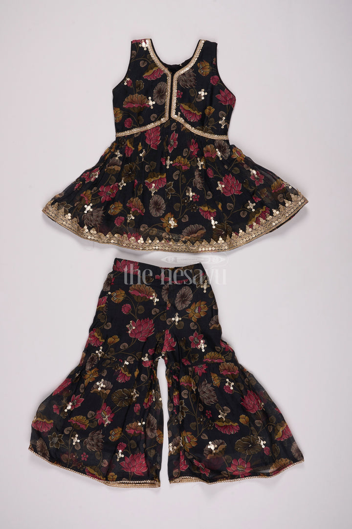 Girls Black Floral Sharara Plazo Set with Golden Lace Detailing