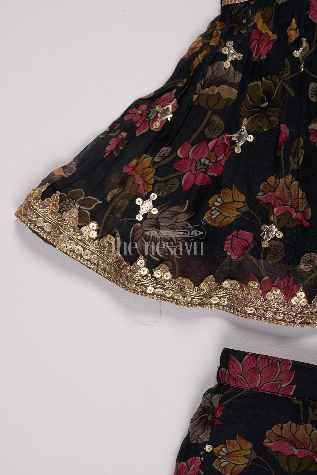 Girls Black Floral Sharara Plazo Set with Golden Lace Detailing