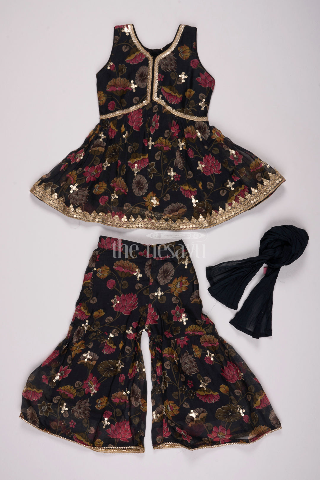 Girls Black Floral Sharara Plazo Set with Golden Lace Detailing