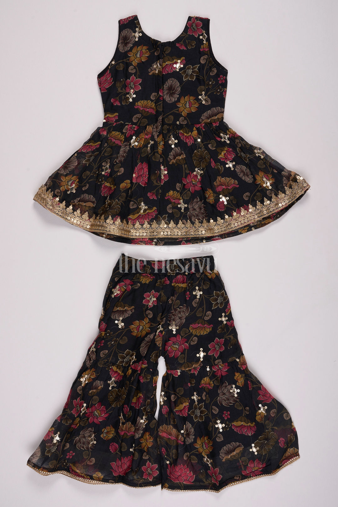 Girls Black Floral Sharara Plazo Set with Golden Lace Detailing