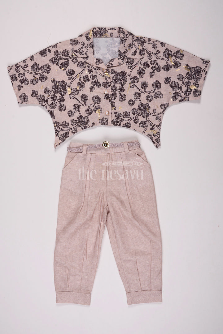 Girls Casual Set with Printed Crop Shirt and Beige Straight Pants