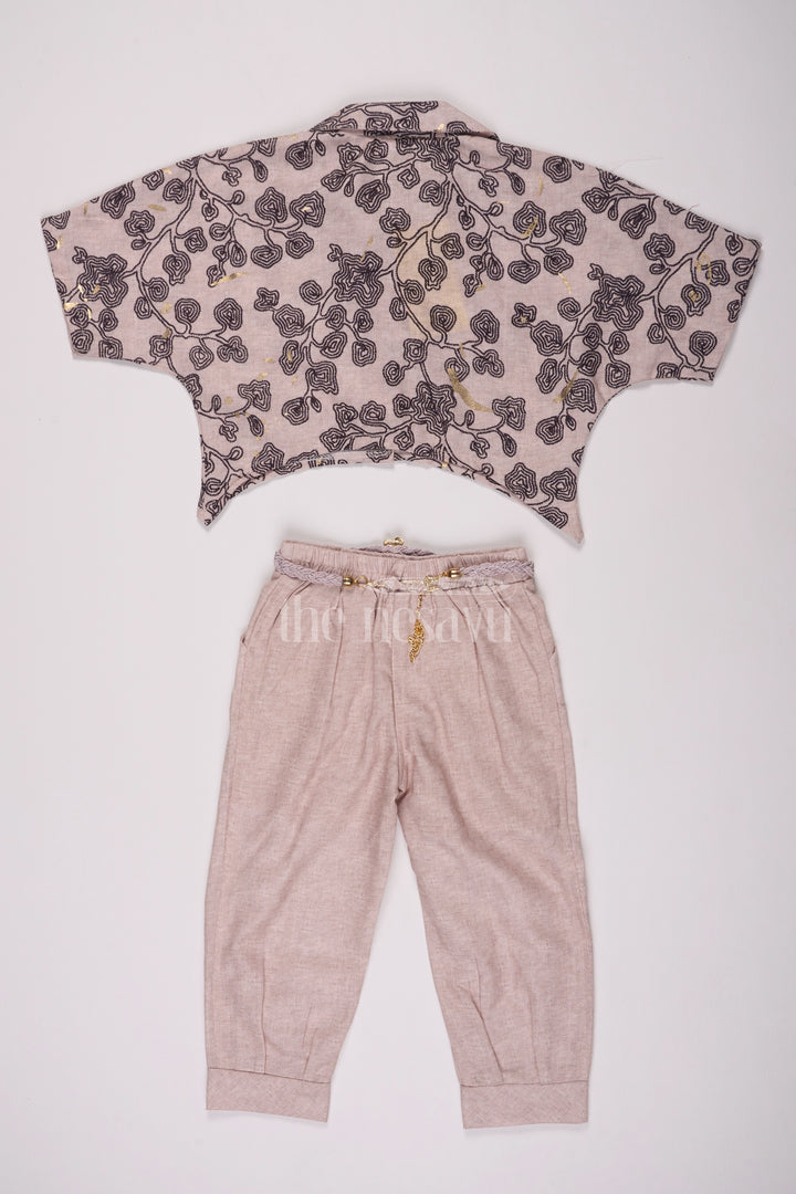 Girls Casual Set with Printed Crop Shirt and Beige Straight Pants