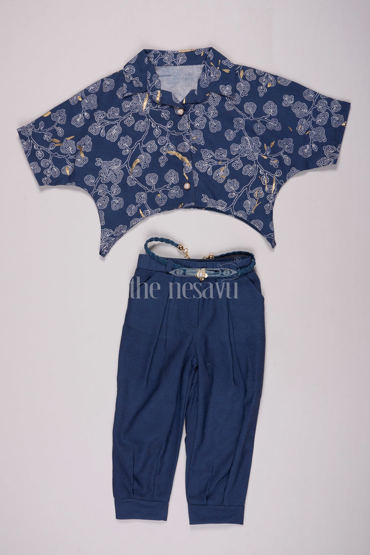 Girls Navy Blue Printed Crop Shirt and Pants Set for Casual Wear