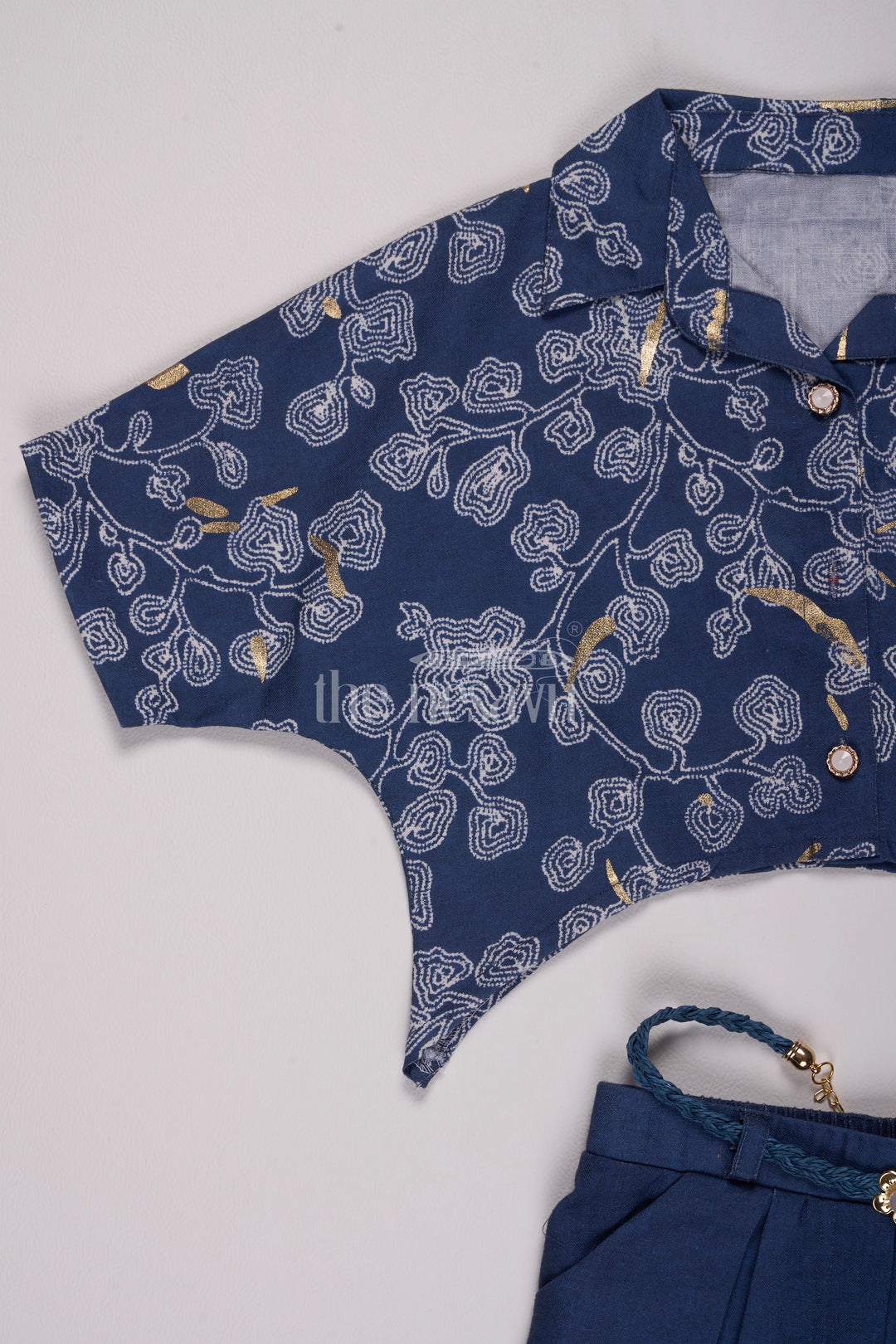 Girls Navy Blue Printed Crop Shirt and Pants Set for Casual Wear