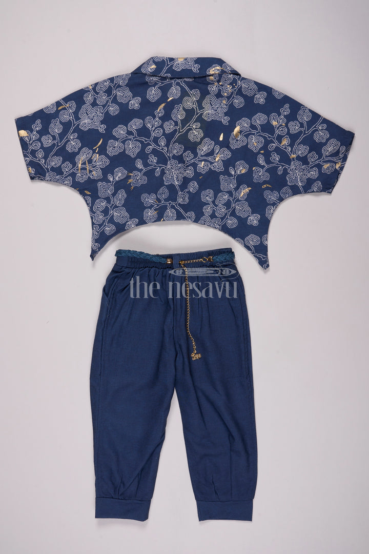 Girls Navy Blue Printed Crop Shirt and Pants Set for Casual Wear