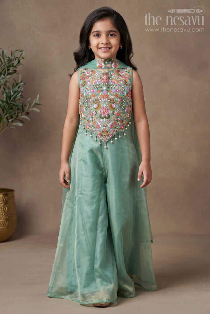 Girls Pastel Green Dress in Glazed Organza with Designer Embroidery and Sharara Pant Set