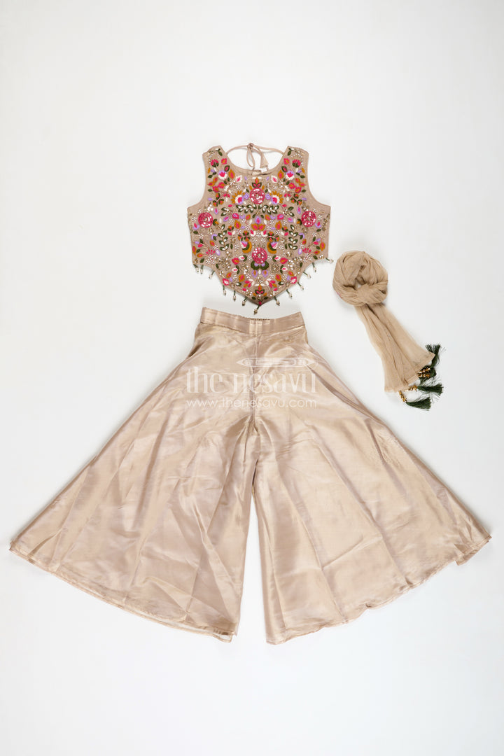 Palazzo Set for Girls with Rich Embroidered Crop Top and Sheer Dupatta in Glazed Organza Fabric