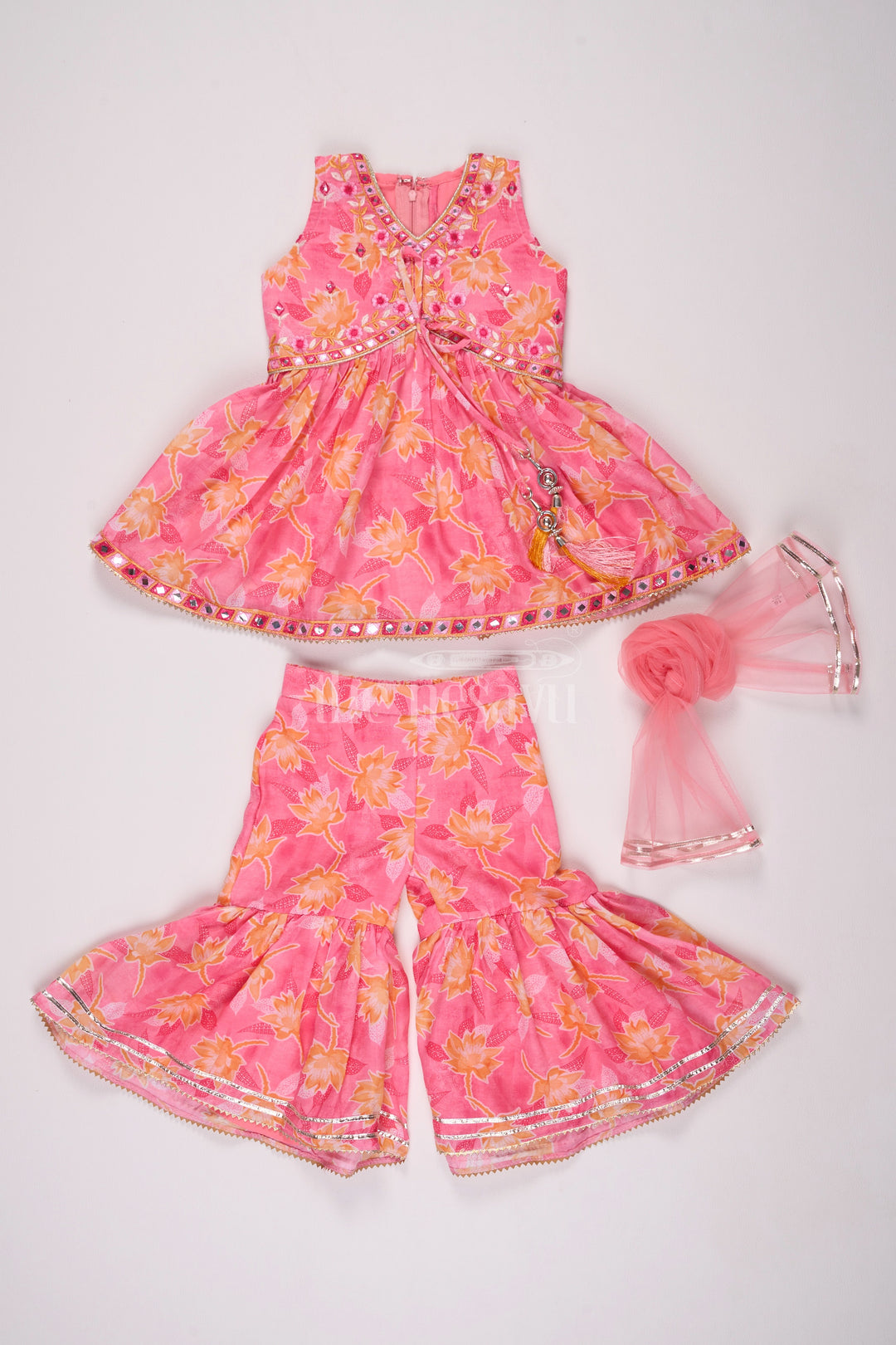 Girls Peach Chanderi Sharara Set with Floral Print and Sleeveless Kurta for Festive Wear