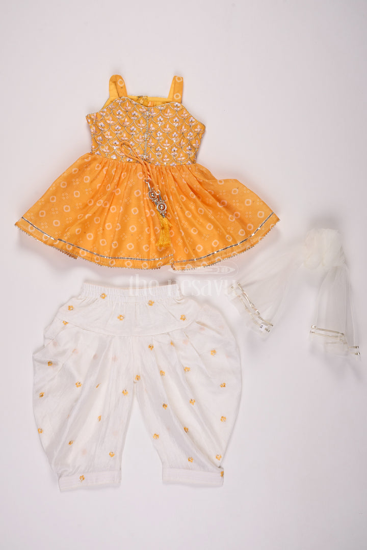 Girls Mustard Chinon Silk Peplum Set with White Dhoti Pants and Sleeveless Top for Festive Occasions