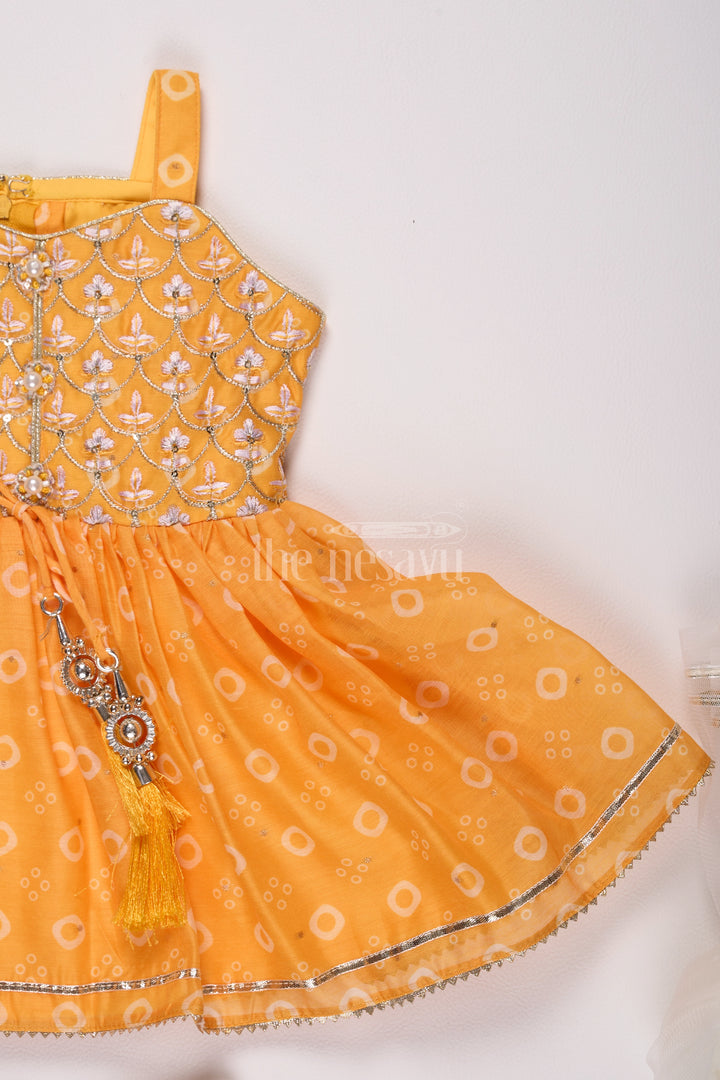 Girls Mustard Chinon Silk Peplum Set with White Dhoti Pants and Sleeveless Top for Festive Occasions