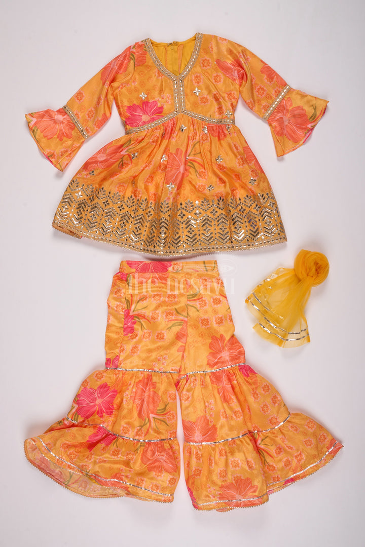 Girls Yellow Chinon Silk Sharara Set with Floral Print and Flared Sleeves for Festive Celebrations