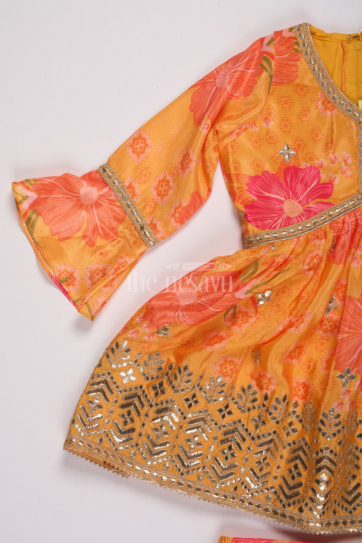 Girls Yellow Chinon Silk Sharara Set with Floral Print and Flared Sleeves for Festive Celebrations