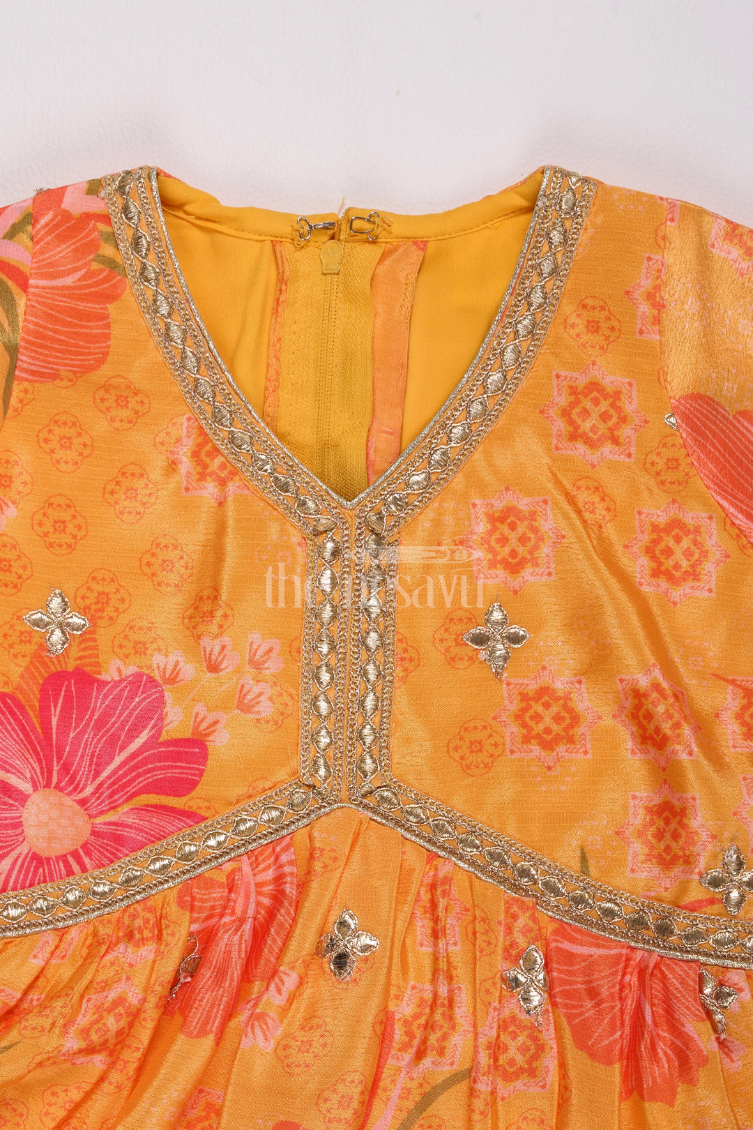 Girls Yellow Chinon Silk Sharara Set with Floral Print and Flared Sleeves for Festive Celebrations