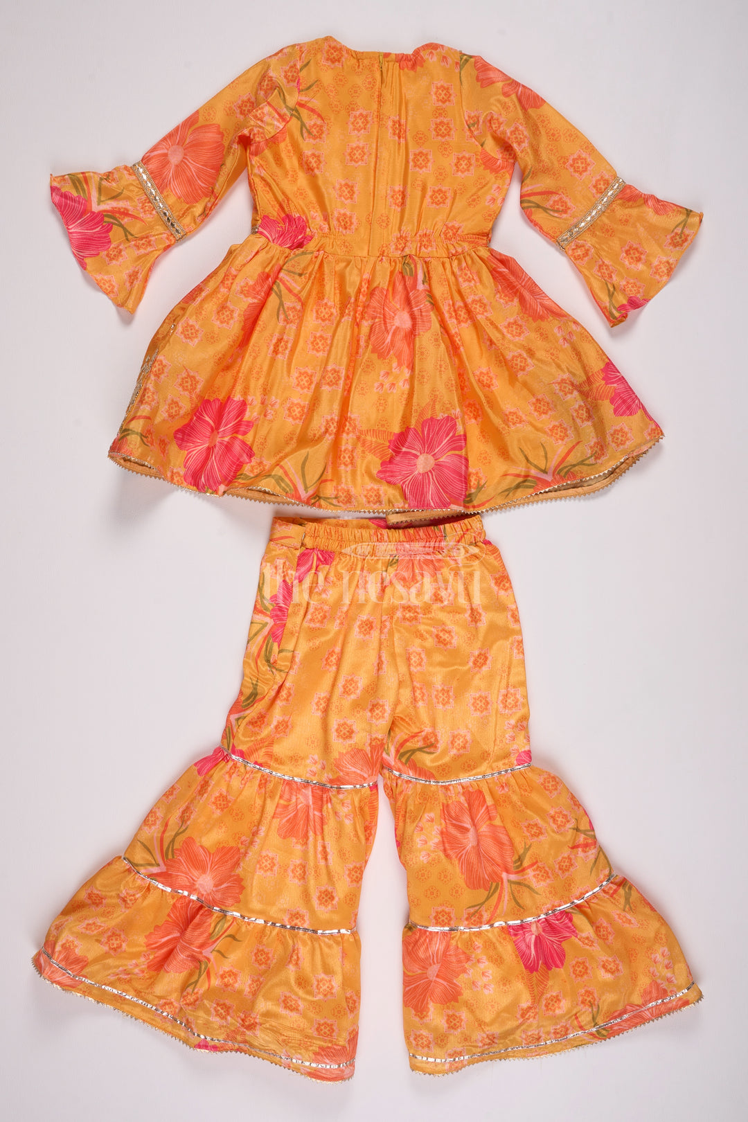 Girls Yellow Chinon Silk Sharara Set with Floral Print and Flared Sleeves for Festive Celebrations