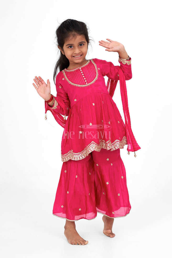 Red Viscose Silk Girls Sharara Set with Gold Embroidery and Scalloped Hem Design