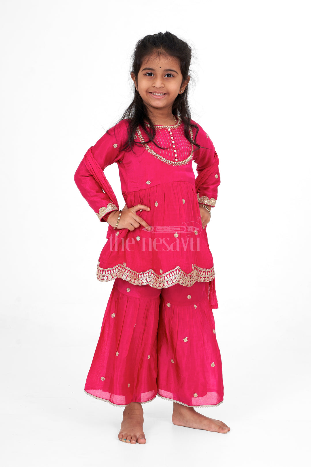 Red Viscose Silk Girls Sharara Set with Gold Embroidery and Scalloped Hem Design