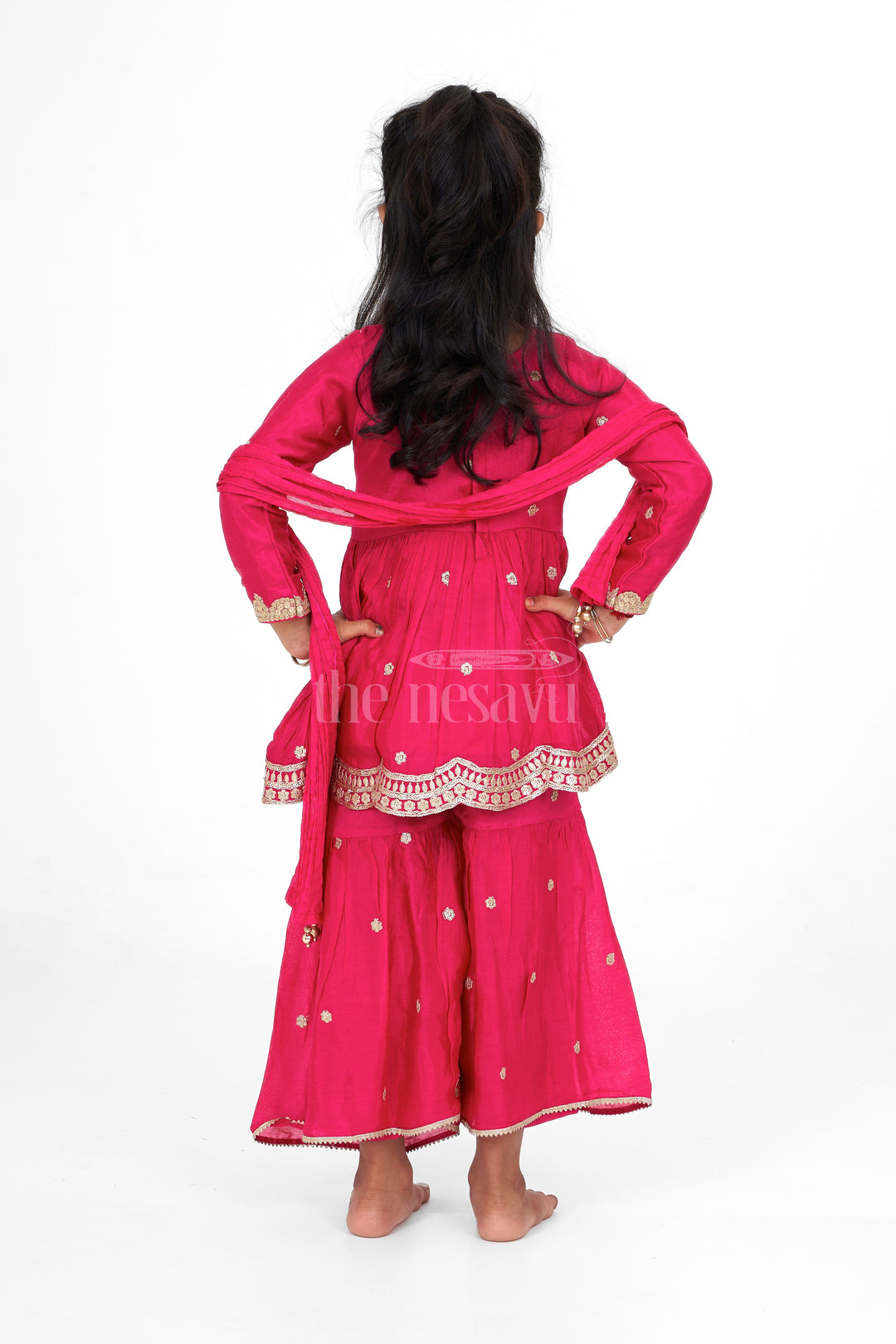 Red Viscose Silk Girls Sharara Set with Gold Embroidery and Scalloped Hem Design