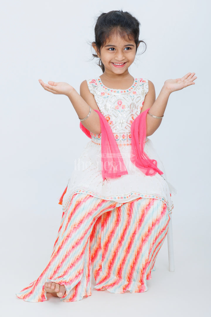 White and Red Girls Sharara Set with Embroidered Peplum Top and Striped Palazzo Pants