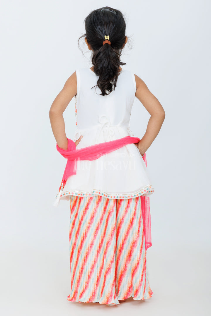 White and Red Girls Sharara Set with Embroidered Peplum Top and Striped Palazzo Pants