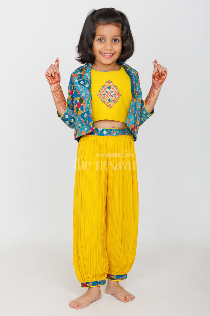 Mustard Patiala Sharara Set with Floral Embroidered Cropped Jacket for Girls