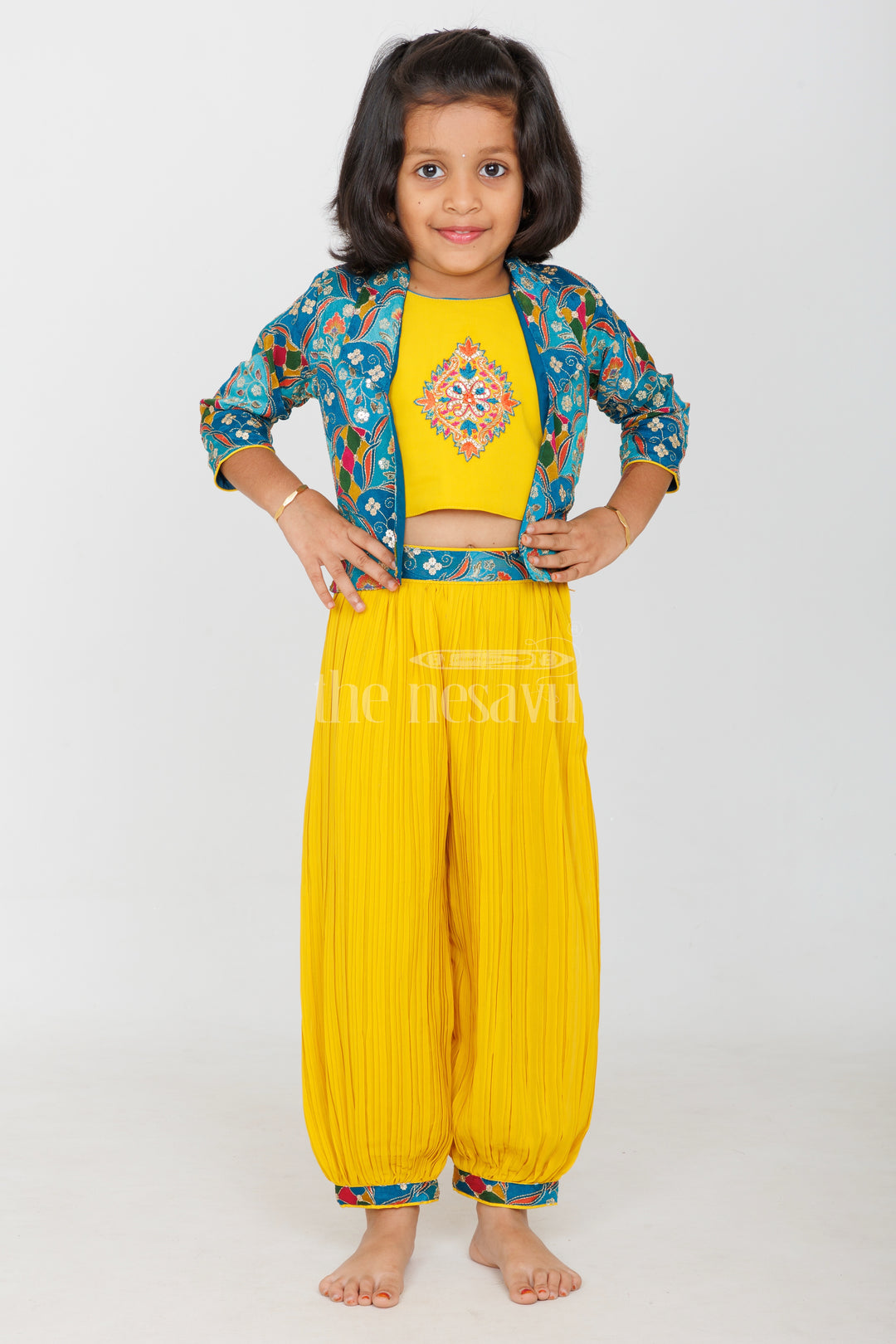 Mustard Patiala Sharara Set with Floral Embroidered Cropped Jacket for Girls