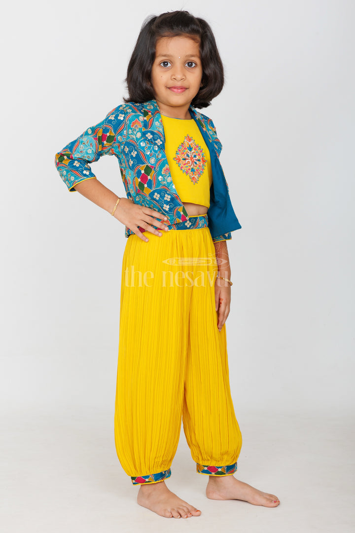 Mustard Patiala Sharara Set with Floral Embroidered Cropped Jacket for Girls