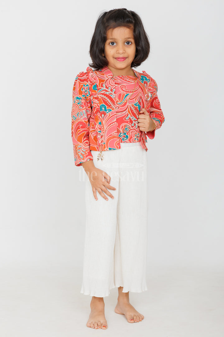 Girls Cream Garara Sharara Set with Vibrant Printed Blazer and Palazzo Pants