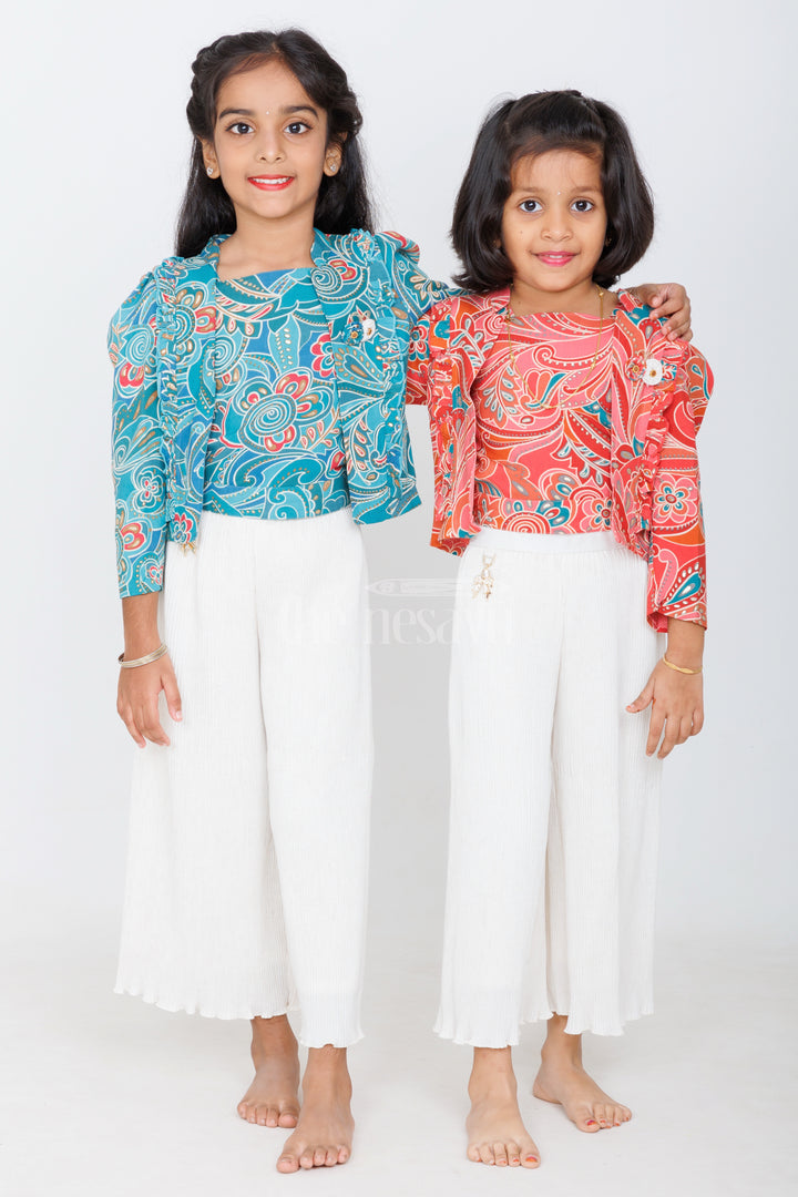 Girls Cream Garara Sharara Set with Vibrant Printed Blazer and Palazzo Pants