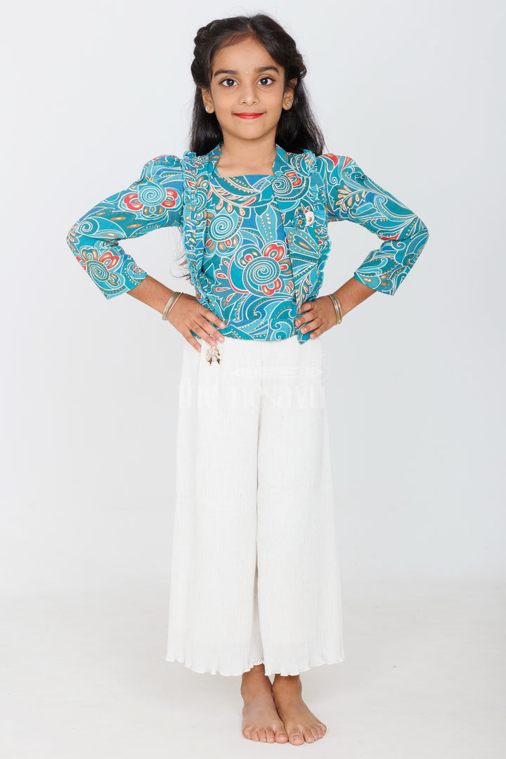 Teal Green Girls Sharara Set with Printed Blazer and Cream Palazzo Pants