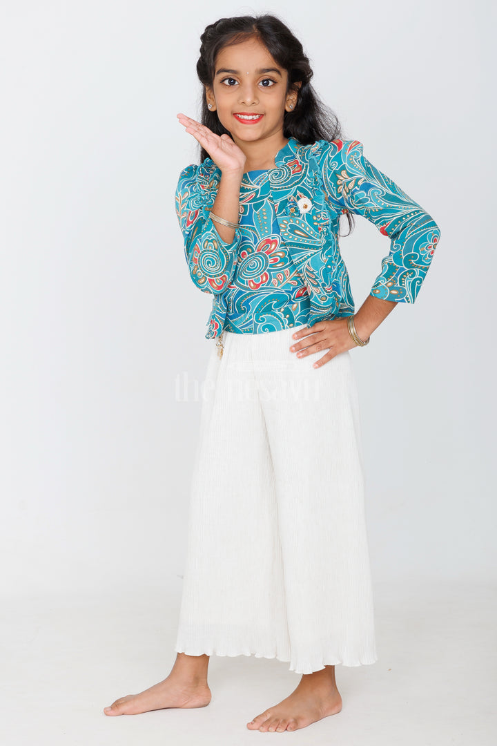 Teal Green Girls Sharara Set with Printed Blazer and Cream Palazzo Pants