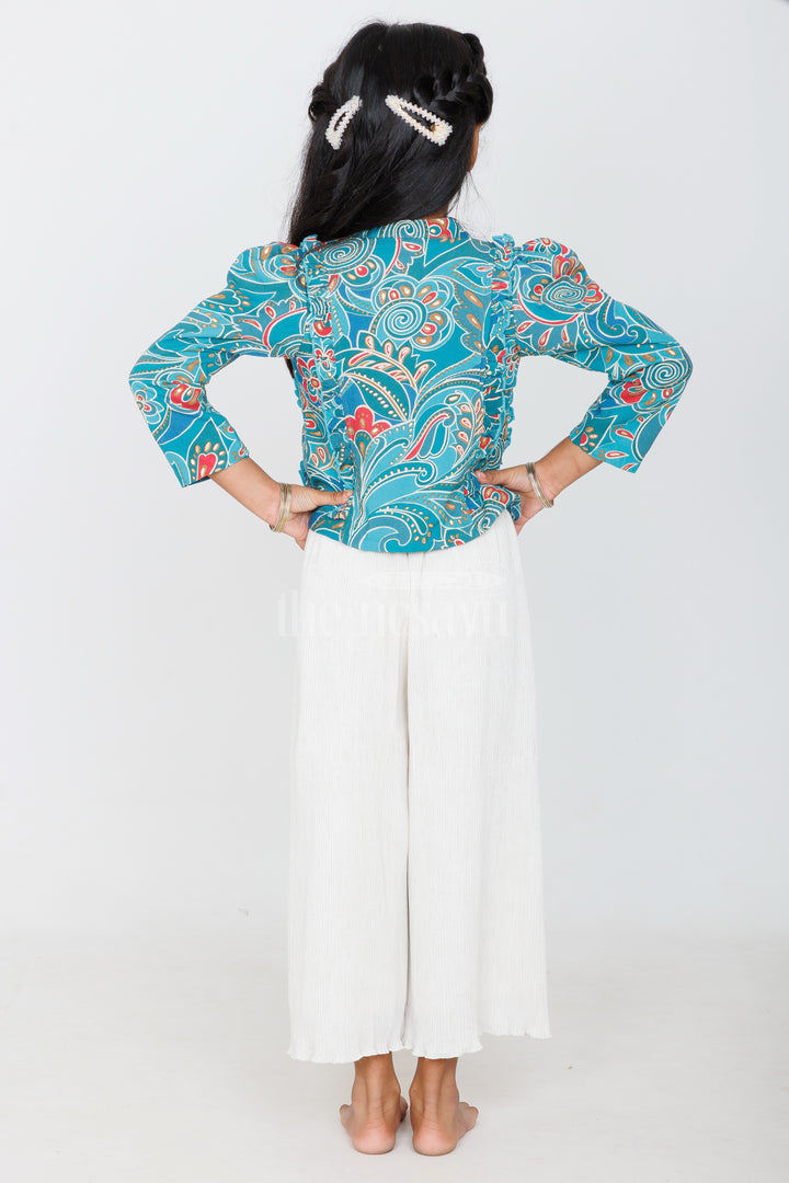 Teal Green Girls Sharara Set with Printed Blazer and Cream Palazzo Pants