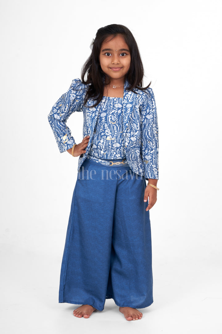 Elegant Girls Wedding Sharara Dress in Blue with Printed Blazer and Flowing Palazzo Pants