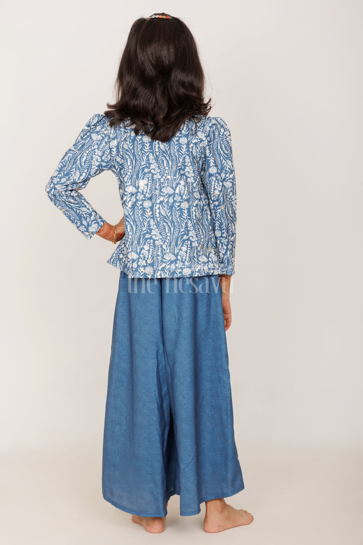 Elegant Girls Wedding Sharara Dress in Blue with Printed Blazer and Flowing Palazzo Pants