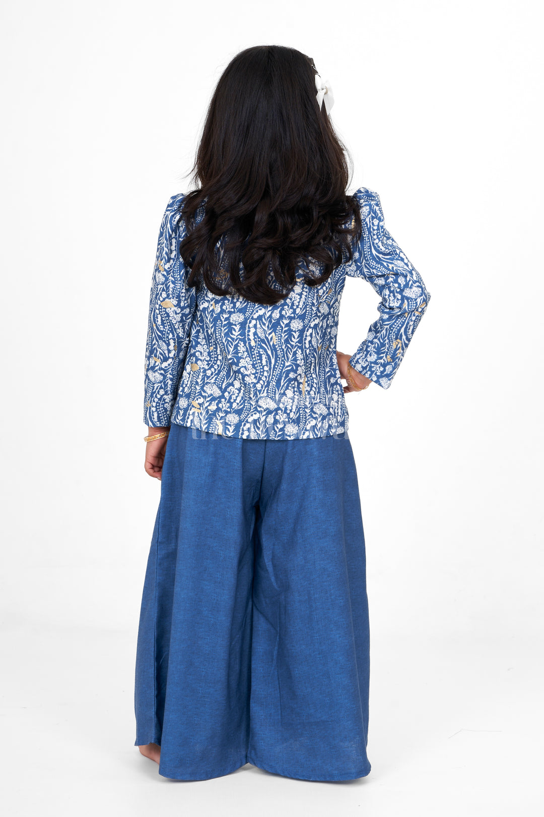 Elegant Girls Wedding Sharara Dress in Blue with Printed Blazer and Flowing Palazzo Pants