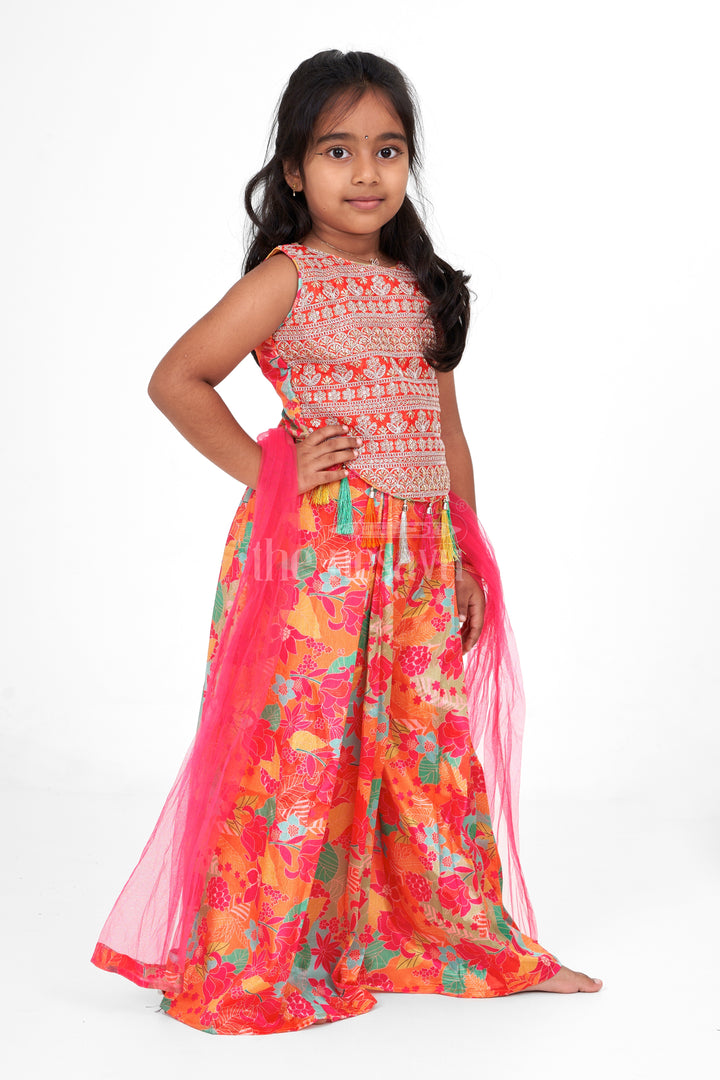 Girls Chinon Printed Sharara Suit with Tassel Accents and Embroidery in Vibrant Orange