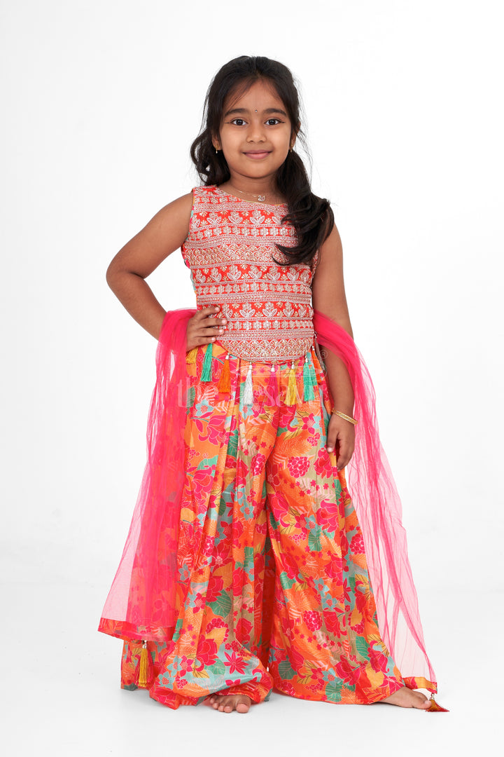 Girls Chinon Printed Sharara Suit with Tassel Accents and Embroidery in Vibrant Orange