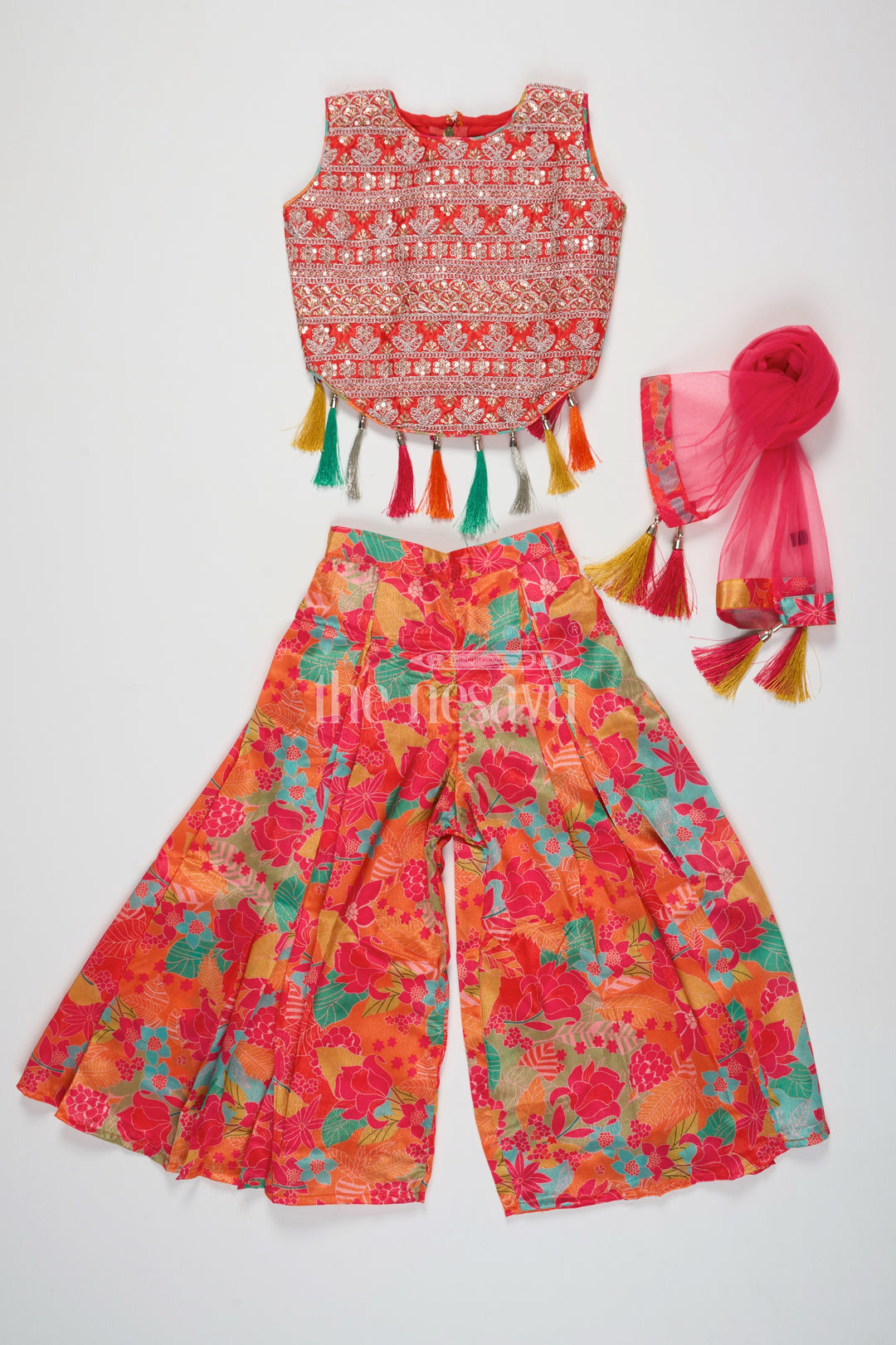 Girls Chinon Printed Sharara Suit with Tassel Accents and Embroidery in Vibrant Orange