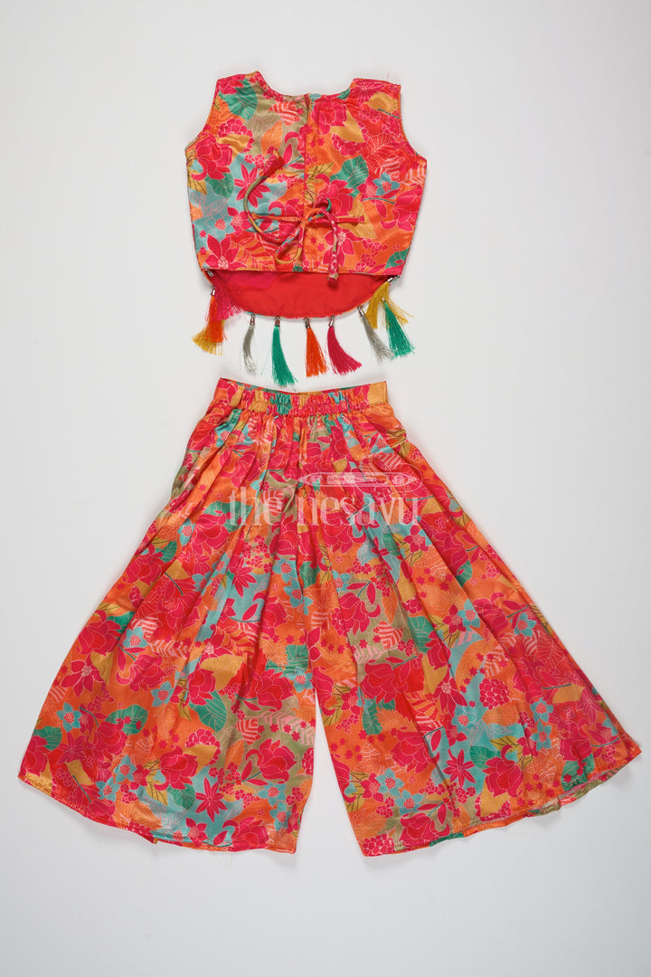 Girls Chinon Printed Sharara Suit with Tassel Accents and Embroidery in Vibrant Orange