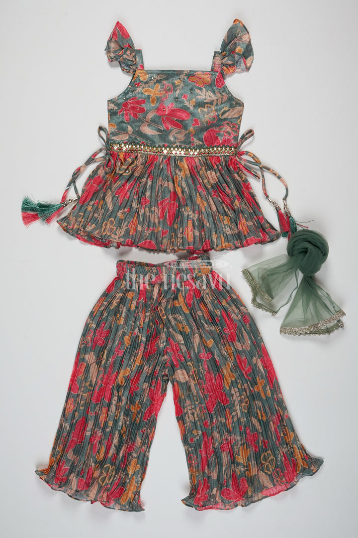 Girls Green Chinon Printed Sharara Suit Set with Delicate Tassels and Floral Designs