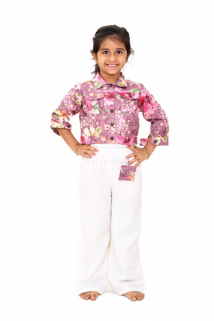 Girls Beige Jumpsuit with Floral Jacket – Trendy Festive Outfit for Girls