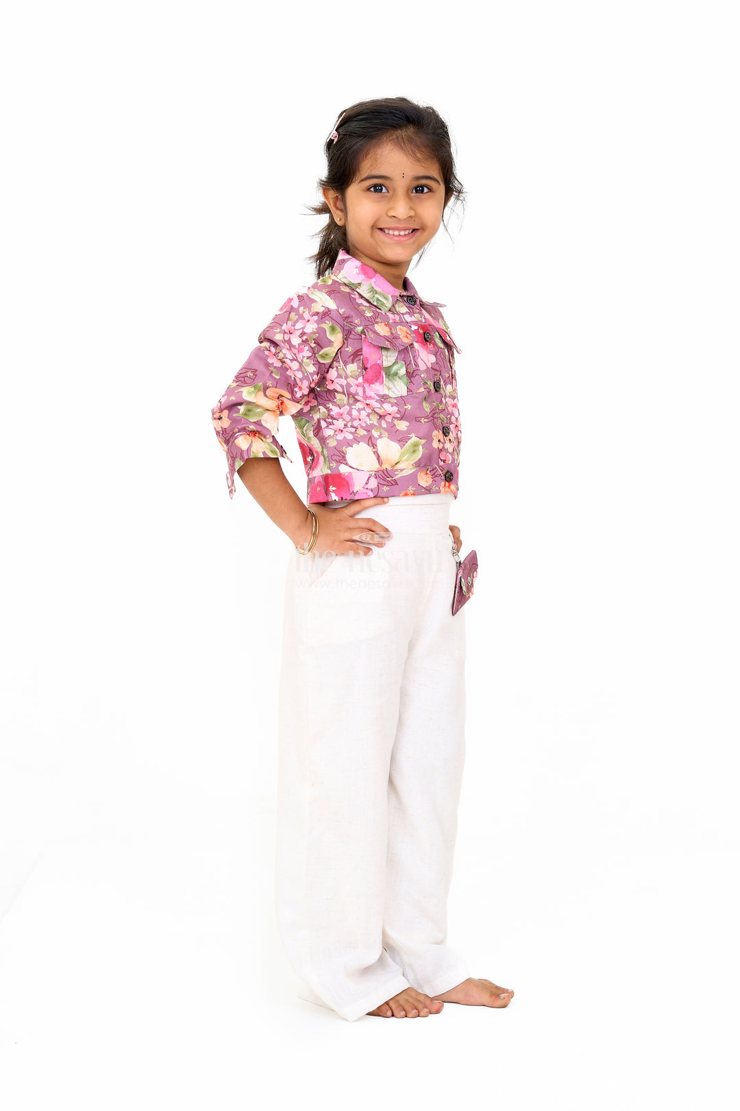 Girls Beige Jumpsuit with Floral Jacket – Trendy Festive Outfit for Girls