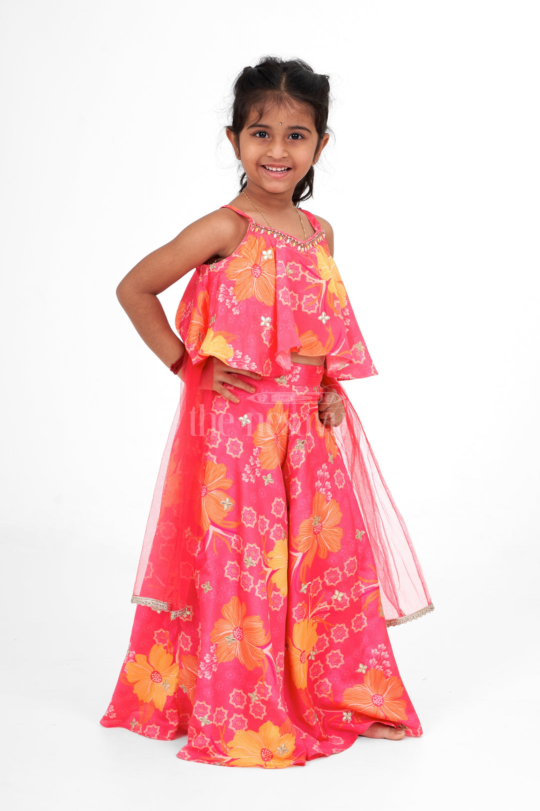 Girls Pink Chinon Printed Sharara Set with Floral Patterns – Festive Clothes for Stylish Girls