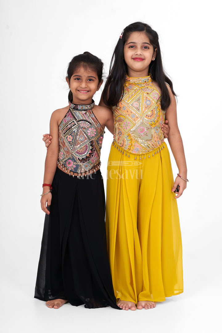 Girls Yellow Georgette Embroidered Sharara Plazo Set Christmas Special Dress