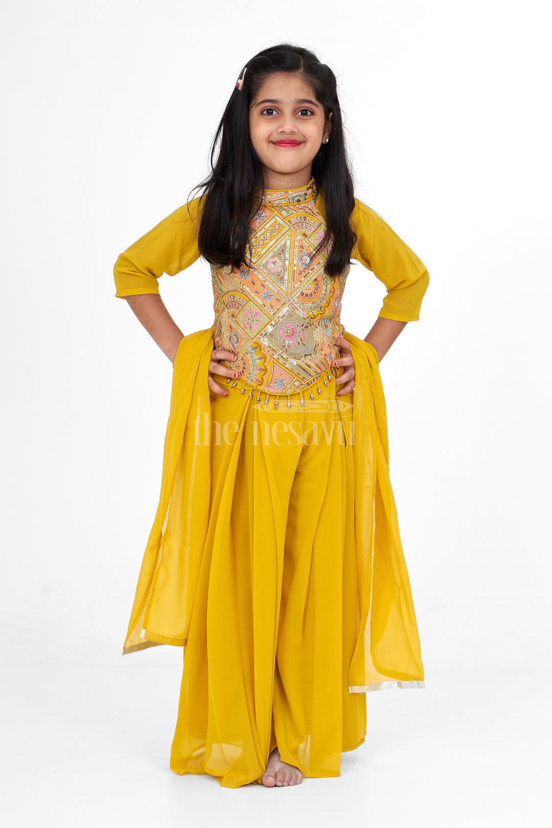 Girls Yellow Georgette Embroidered Sharara Plazo Set Christmas Special Dress