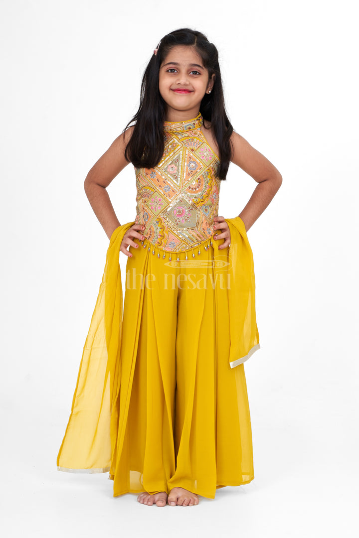 Girls Yellow Georgette Embroidered Sharara Plazo Set Christmas Special Dress