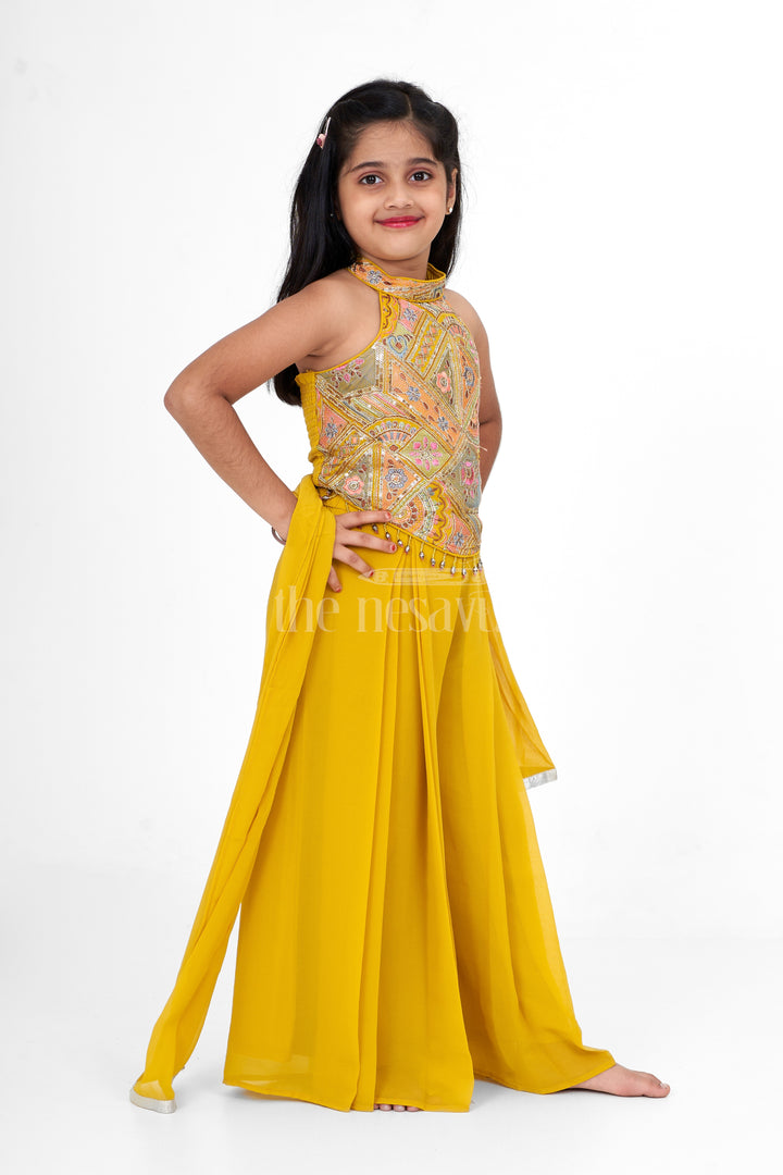 Girls Yellow Georgette Embroidered Sharara Plazo Set Christmas Special Dress